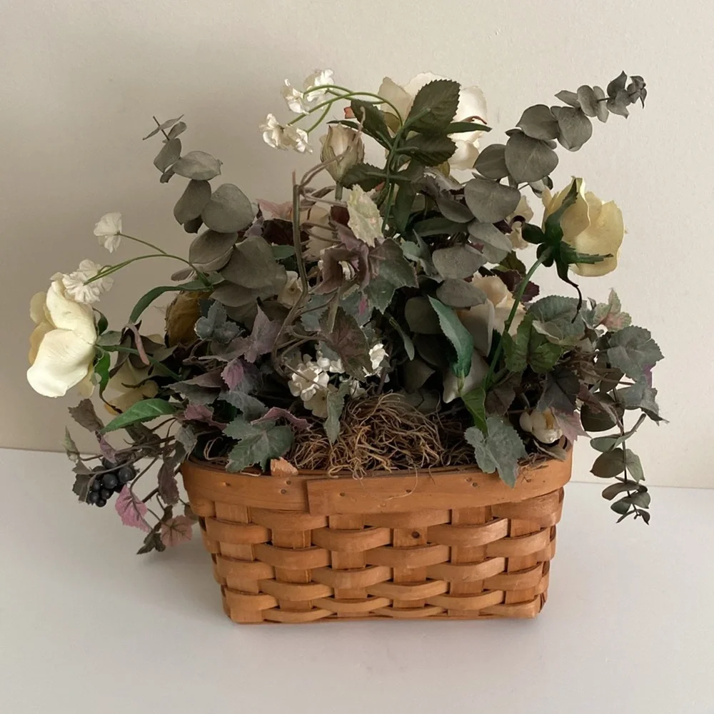 Elegant Cream faux Floral  arrangement Basket with Bird Cottagecore